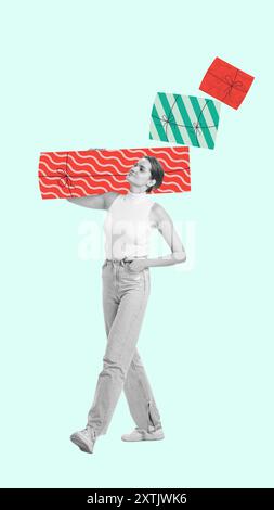 Joyeuse jeune femme souriante portant trois boîtes emballées colorées de différentes tailles sur fond clair. Collage d'art contemporain. Banque D'Images
