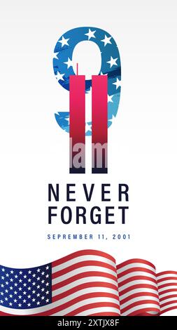 9,11 Never Forget, 11 septembre 2001, bannière insta Stories. Illustration vectorielle silhouettes de gratte-ciel tours jumelles du World Trade Centre Illustration de Vecteur