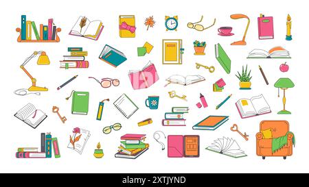 Livres et papeterie, lecture d'objets liés Illustration de Vecteur
