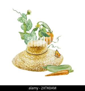 Chapeau de paille dans le potager avec tomates, pois, courgettes, carottes. Illustration d'aquarelle dessinée à la main isolée sur blanc. Pour les cartes et invitations fo Banque D'Images