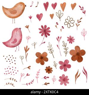 Ensemble d'éléments de conception pour enfants - oiseaux, fleurs, coeurs, brindilles, notes de musique. Aquarelle rose et marron et illustrations numériques pour le design, gre Banque D'Images