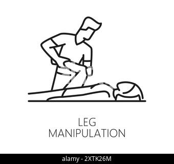 Icône de médecine chiropratique de la manipulation de jambe pour la thérapie médicale chiropraticienne, pictogramme de ligne vectorielle. Traitement chiropratique, physiothérapie corporelle et manipulation orthopédique ou ostéopathique du rachis dorsal Illustration de Vecteur