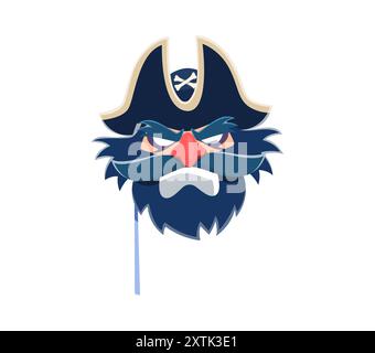 Masque de carnaval pirate pour cabine photo, marin corsaire en chapeau tricorne avec des os croisés, accessoires vectoriels. Mascarade de pirate ou masque photobooth de capitaine ou vieux marin naufrage avec le visage et la barbe en colère Illustration de Vecteur