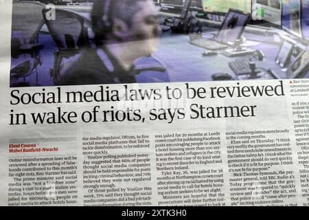 « Les lois sur les médias sociaux doivent être révisées à la suite des émeutes », dit (Keir) Starmer, titre du journal Guardian article de désinformation 10 août 2024 Londres Royaume-Uni Banque D'Images