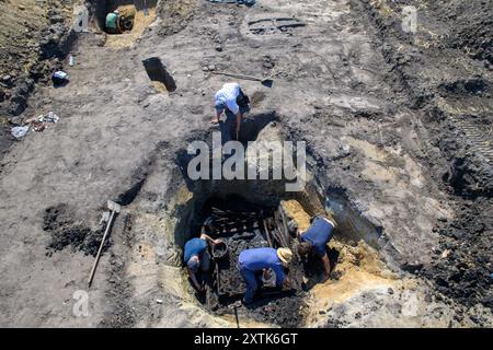 14 août 2024, Saxe-Anhalt, Belkau : des archéologues du Bureau d'État de Saxe-Anhalt pour la préservation des monuments et l'archéologie fouillent un vieux puits sur un site de fouilles. Sur le site de fouilles dans la zone de 'Hohe Belkau' près du village de Belkau, les archéologues ont découvert un site de peuplement après des recherches géomagnétiques, qui a dû être continuellement habité depuis la 'culture de la poterie linéaire' jusqu'au Xe siècle après JC. Ceci est confirmé par les découvertes de puits qui y ont été creusés à toutes les époques, de la période de migration au moyen âge. Les archéologues l'ont fait Banque D'Images