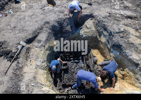 14 août 2024, Saxe-Anhalt, Belkau : des archéologues du Bureau d'État de Saxe-Anhalt pour la préservation des monuments et l'archéologie fouillent un vieux puits sur un site de fouilles. Sur le site de fouilles dans la zone de 'Hohe Belkau' près du village de Belkau, les archéologues ont découvert un site de peuplement après des recherches géomagnétiques, qui a dû être continuellement habité depuis la 'culture de la poterie linéaire' jusqu'au Xe siècle après JC. Ceci est confirmé par les découvertes de puits qui y ont été creusés à toutes les époques, de la période de migration au moyen âge. Les archéologues l'ont fait Banque D'Images