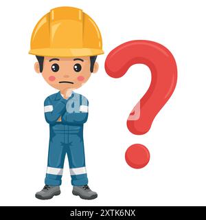Travailleur de mécanicien industriel pensif et exprimant le doute avec le signe de question géant pour le concept de FAQ. Sécurité du travail et hygiène du travail Illustration de Vecteur
