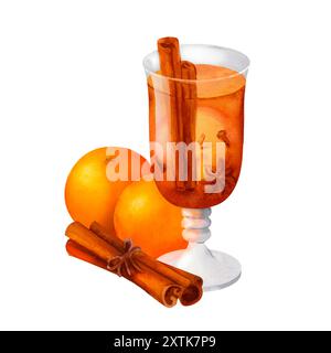 Vin blanc chaud à base de rhum, pommes, cannelle, anis étoilé et épices de cardamome et aquarelle orange illustration isolée. Boisson d'automne pour l'hiver Banque D'Images