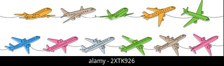 Ensemble d'avions. Transport aérien dessin continu coloré d'une ligne. Avion de passagers illustration continue d'une ligne. Illustration vectorielle Illustration de Vecteur