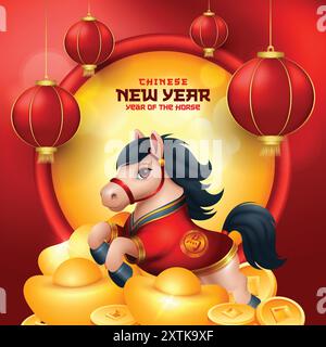 Nouvel an chinois 2026 fond, année du cheval avec illustration de cheval 3d mignonne. Traduction : cheval Illustration de Vecteur