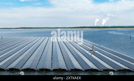 Neuendorf, Allemagne. 15 août 2024. Des modules solaires pour le système photovoltaïque flottant sont en cours d’installation sur la mer Baltique de Cottbus, qui couvrira 18 hectares de la surface du lac (environ un pour cent) avec 51 000 modules solaires une fois achevés. En moyenne, le système peut générer 290000 mégawattheures d'énergie par an. Les corps flottants avec les modules solaires attachés à eux sont reliés au lit du lac par 34 points d'ancrage de sorte que les fluctuations des niveaux d'eau peuvent être compensées. Crédit : Frank Hammerschmidt/dpa/Alamy Live News Banque D'Images