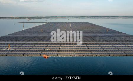 Neuendorf, Allemagne. 15 août 2024. Des modules solaires pour le système photovoltaïque flottant sont en cours d’installation sur la mer Baltique de Cottbus (vue aérienne avec un drone), qui couvrira 18 hectares de la surface du lac (environ un pour cent) avec 51 000 modules solaires une fois achevés. En moyenne, le système peut générer 290000 mégawattheures d'énergie par an. Les corps flottants avec les modules solaires attachés à eux sont reliés au fond du lac par 34 points d'ancrage de sorte que les fluctuations des niveaux d'eau peuvent être compensées. Crédit : Frank Hammerschmidt/dpa/Alamy Live News Banque D'Images