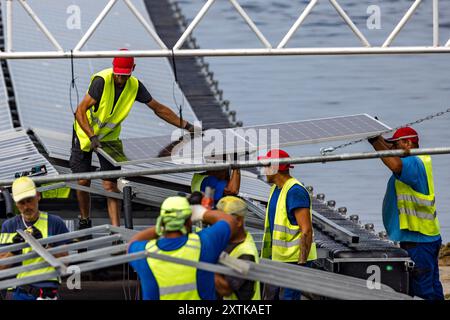 Neuendorf, Allemagne. 15 août 2024. Les travailleurs de Pfalzsolar installent un module solaire pour le système photovoltaïque flottant sur la mer Baltique de Cottbus. Une fois terminé, il couvrira 18 hectares du lac (environ un pour cent) avec 51 000 modules solaires. En moyenne, le système peut générer 290000 mégawattheures d'énergie par an. Les corps flottants avec les modules solaires attachés à eux sont reliés au lit du lac par 34 points d'ancrage de sorte que les fluctuations des niveaux d'eau peuvent être compensées. Crédit : Frank Hammerschmidt/dpa/Alamy Live News Banque D'Images