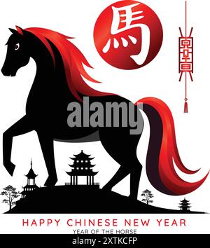 Signe vectoriel du nouvel an chinois 2026 avec signe du zodiaque de cheval rouge et noir et ornements chinois. Illustration de Vecteur