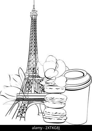 Illustration vectorielle de la Tour Eiffel et des macarons, tasse à café. Cuisine de rue romantique à Paris pour affiche, carte de voeux, impression dessinée à la main. France Illustration de Vecteur