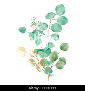 Bouquet d'aquarelle avec branches d'eucalyptus vertes et dorées, isolé sur fond blanc Banque D'Images