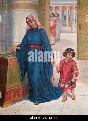 Illustration de 'The Widow's Mite' la veuve offrant deux pièces (Mark) de l'antique 19ème siècle la Bible de famille nationale illustrée avec commentaires Banque D'Images