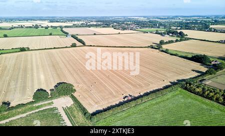 Prises de vue par drone ou images aériennes de foin en train de naître sur des terres agricoles dans la campagne du Norfolk, près du parc national Broads, Ludham Norfolk. Banque D'Images