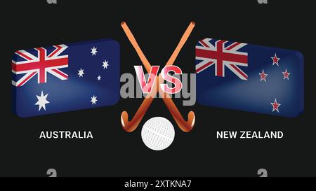 Match de hockey Australie vs Nouvelle-Zélande : symboles de drapeau, bâtons de hockey et balle sur fond sombre Illustration de Vecteur