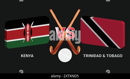 Kenya vs Trinité-et-Tobago match de hockey : drapeaux, bâtons et balle avec fond sombre Illustration de Vecteur