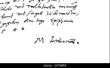 Gros plan de la signature de Martin Luther sur un fac-similé de la dernière partie de son testament écrit le 6 janvier 1542 à partir du livre antique la vie de Luther de Julius Kostlin Banque D'Images