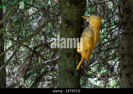 Une sculpture en bois sculpté de pic-veuve est posée sur un tronc d'arbre à côté du Wasserfallweg au-dessus de Schatzalp, Davos, Grisons, Suisse. Banque D'Images