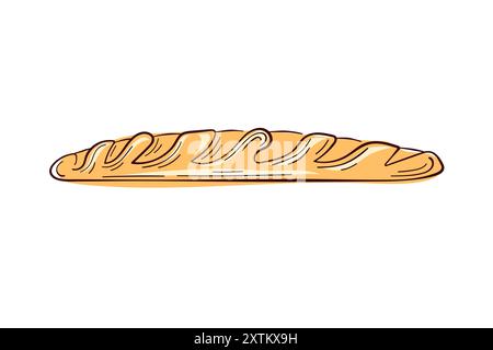 Pain baguette fraîchement préparé dans un style artistique au trait. Conception pour boulangerie, menu de café de petit déjeuner. Illustration vectorielle isolée sur un fond blanc. Illustration de Vecteur