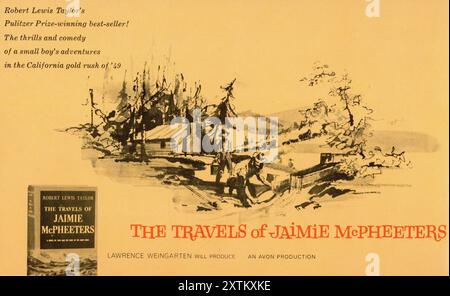 Publicité promotionnelle de pré-production pour la version film abandonnée / annulée par la suite du roman THE TRAVELS OF JAIMIE McPHEETERS Robert Lewis Taylor qui sera produit par Lawrence Weingarten Avon productions / Metro Goldwyn Mayer (MGM) plus tard transformé en une télévision épisdoe de 26 série pour MGM Television / American Broadcasting Company (ABC) diffusée à partir de 1963-4 avec DAN O'HERLIHY et KURT RUSSELL Banque D'Images