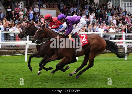 Night Breeze piloté par Kieran O'Neill (à gauche) remporte le Tote Placepot Leg 4 Racing League Race 25 handicap avec Lieber Power piloté par Oisin Murphy deuxième lors de la Racing League au Royal Windsor Racecourse, Windsor. Date de la photo : jeudi 15 août 2024. Banque D'Images