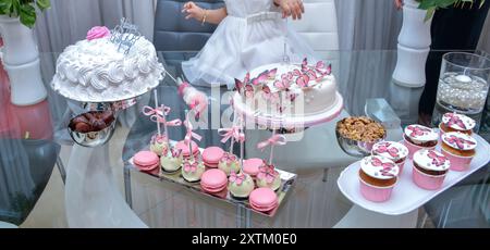 Fille d'anniversaire avec gâteau décoré avec des papillons et beaucoup de bonbons sur le côté Banque D'Images