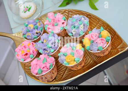 Petits gâteaux à la licorne fantaisie avec glaçage rose et bleu à la crème au beurre, décoration d'anniversaire pour enfants Banque D'Images