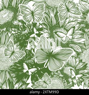 Beau motif vert vintage sans couture. Fleurs et papillons monochrome fond sans couture. dessin à la main. Pas ai, illustration vectorielle Illustration de Vecteur
