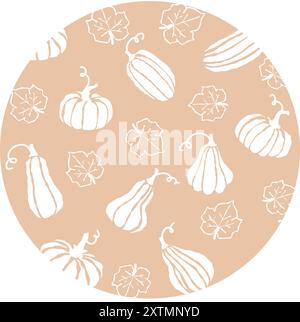 Motif décoratif beige avec diverses citrouilles blanches et feuilles sur une surface ronde Illustration de Vecteur