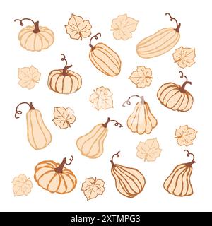 Un délicieux motif de citrouille avec divers types de citrouilles et des feuilles d'automne, parfait pour la décoration saisonnière et l'artisanat Illustration de Vecteur