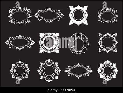 Douze cadres ornementaux vintage fixés sur le sol noir dans différentes formes pour les cartes, les arrière-plans, les affiches et les dessins décoratifs Illustration de Vecteur