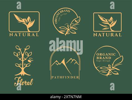 Élégants designs de logo naturel et biologique dans Golden Hue Illustration de Vecteur