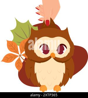 Main tenant chouette chouette d'automne avec des feuilles, vecteur Illustration de Vecteur