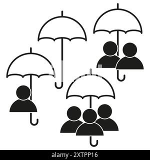Icônes de protection d'assurance. Parapluie avec des gens. Symboles de sécurité. Illustration vectorielle. Illustration de Vecteur