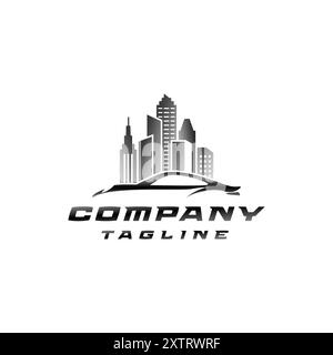 Design de logo de silhouette de voiture de ville simple. Silhouette de voiture de sport avec fond de gratte-ciel logo Design. Illustration de Vecteur