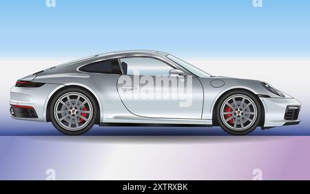 Stuttgart, Allemagne, année 2019 - Porsche 992 Carrera S modèle de voiture de sport, huitième génération de la Porsche 911, silhouette et illustration colorée Banque D'Images