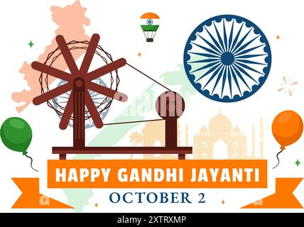 Happy Gandhi Jayanti Day est un événement célébré en Inde le 2 octobre, qui marque l'anniversaire de Gandhi dans Flat Cartoon illustration vectorielle de fond Illustration de Vecteur