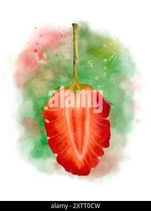 Une superbe aquarelle représentant une seule fraise rouge. Objet isolé sur un fond abstrait coloré multicolore pour la conception d'un livret, flyer, e-pack, étiquette ou publicité. Art numérique dans le style aquarelle. Banque D'Images