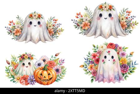 Illustration vectorielle de jeu de fantômes floraux mignons, dessins dessinés à la main d'Halloween pour les vacances d'automne d'octobre Illustration de Vecteur