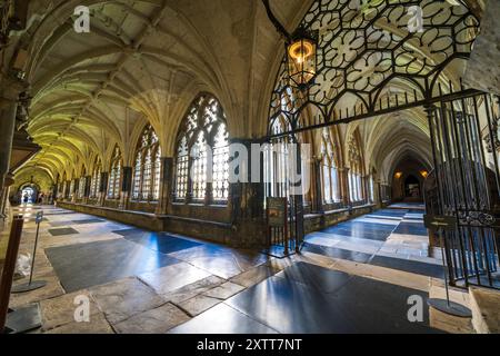 Londres Westminster Abbey cloîtres intérieur grand angle des salles. À l'intérieur de l'abbaye de Westminster, les cloîtres couvraient une passerelle voûtée de tombes et de mémoriaux. Banque D'Images