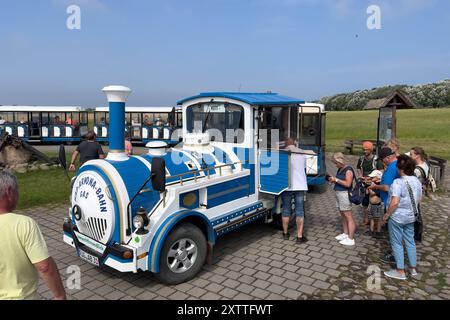 15.08.2024 Eine Bimmelbahn fährt Touristen nach Vitt, einem Fischerdorf auf der vorpommerschen Insel Rügen im Landkreis Vorpommern-Rügen in Mecklenburg-Vorpommern. DAS Dorf gehört zur Gemeinde Putgarten. DAS unter Denkmalschutz stehende dorf ist sehr gut erhalten und erfreut sich eines stetigen Besucherstroms. KAP Arkona Ostsee Mecklenburg-Vorpommern Deutschland *** 15 08 2024 Un train touristique emmène les touristes à Vitt, un village de pêcheurs sur l'île de Rügen dans le district de Vorpommern Rügen en Mecklembourg-Vorpommern le village appartient à la municipalité de Putgarten le village classé est ve Banque D'Images