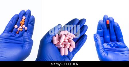 Ensemble de mains du médecin dans des gants bleus tenant des pilules sur fond blanc. Banque D'Images