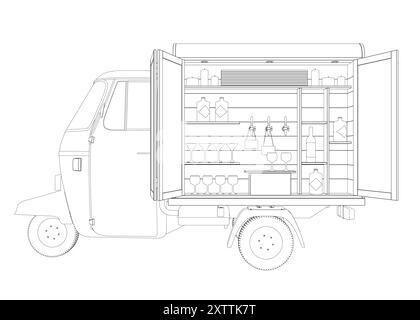 Camion d'alcool contour, bar extérieur. Vendeur de rue vendant des boissons, boissons au comptoir de caravane. Barman à la fenêtre d'une barre d'alcool mobile à roues. FLA Illustration de Vecteur