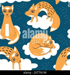 Mignons petits renards élégants sur les nuages de ciel. Modèle sans couture bébé pour affiches, impressions de tissu et cartes postales. Vecteur Illustration de Vecteur