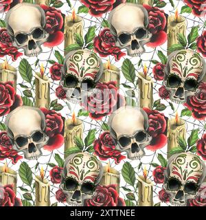 Crânes humains avec un ornement, roses rouges, bougies et toiles d'araignée. Illustration aquarelle dessinée à la main pour Halloween, jour des morts, Dia de los muertos Banque D'Images