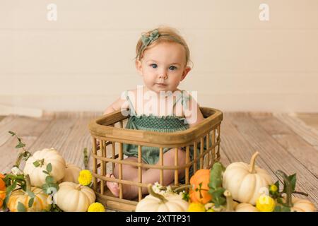 Fille aux yeux bleus assise dans un panier entourée de citrouilles et de flux Banque D'Images